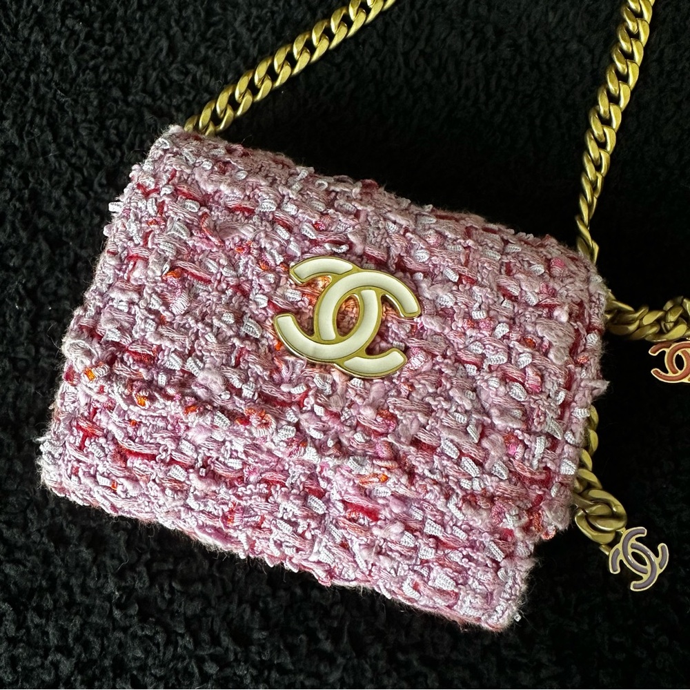 Chanel 2022 Tweed Enamel Quilted Pending CC Mini Wallet On Chain Bag WOC Pink